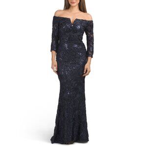 XSCAPE Navy Off The Shoulder Soutache Gown